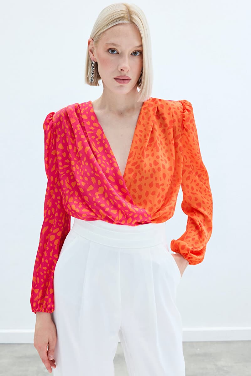 Sateen Kruvaze Desenli Bodysuit - Oranj-Fuşya