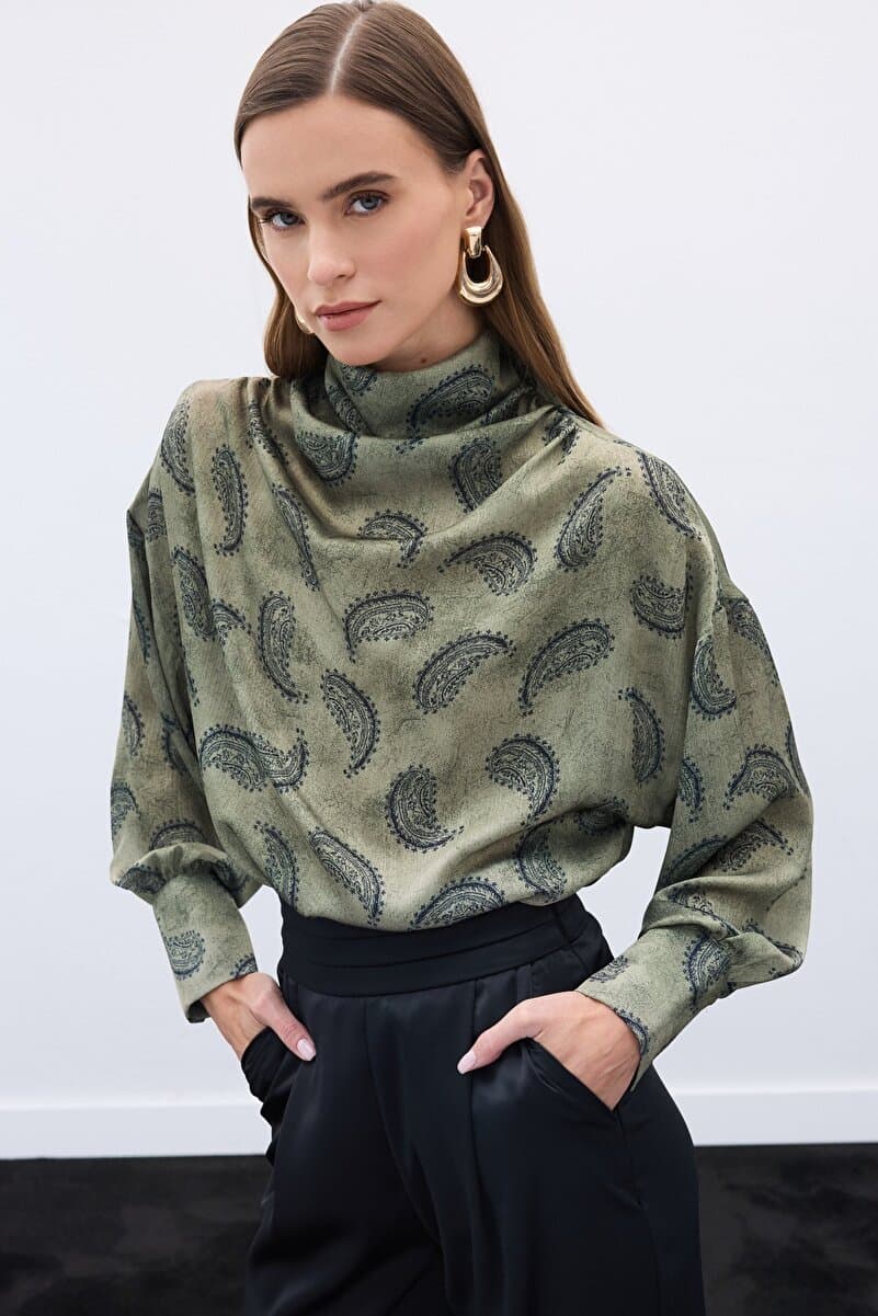Sateen Degaje Yaka Desenli Bluz - Haki