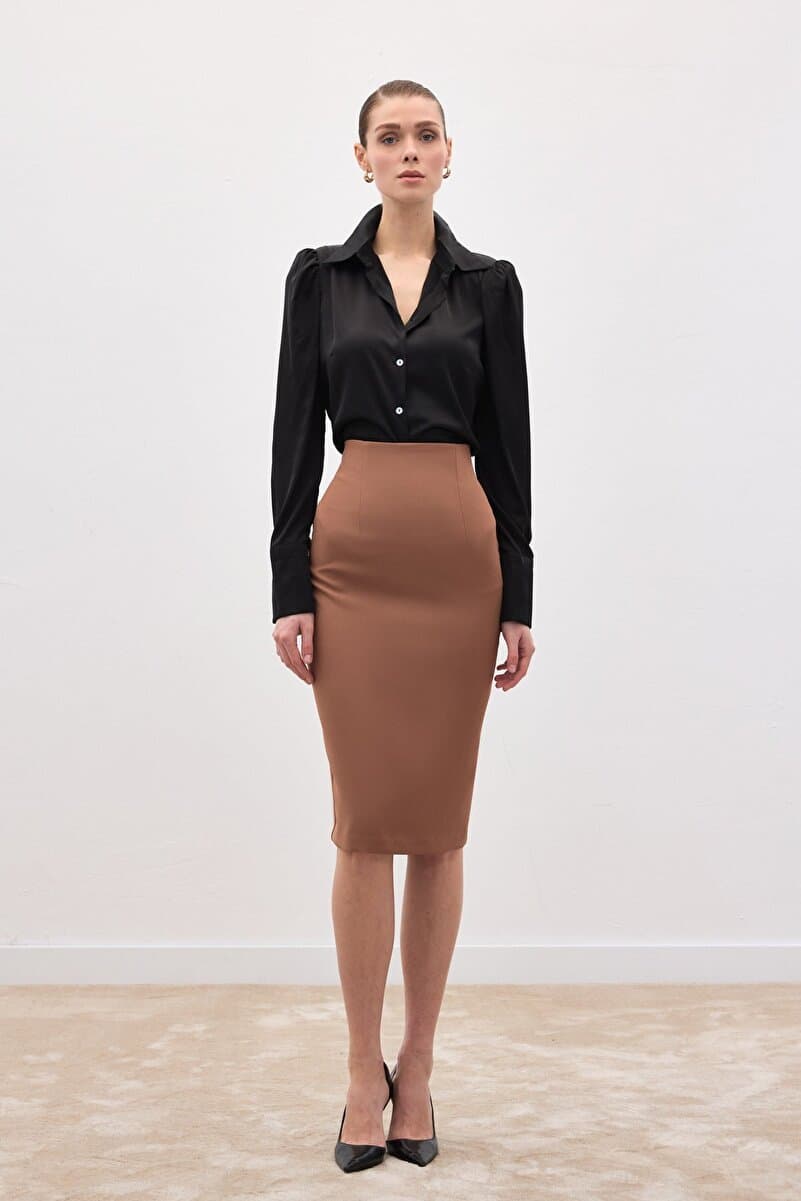 Sateen Düz Kalem Etek - Camel
