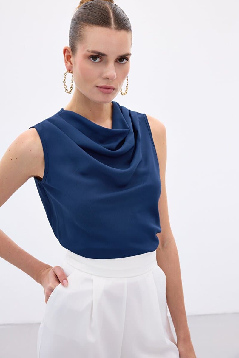 Sateen Degaje Yaka Kolsuz Bluz - İndigo
