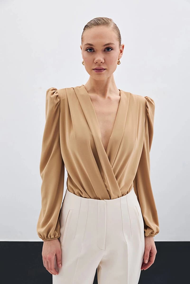 Sateen Kruvaze Vatkalı Bodysuit - Camel