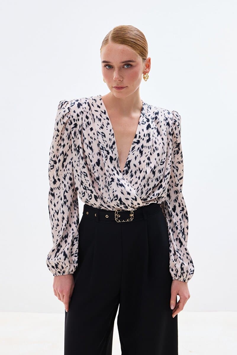 Sateen Kruvaze Bodysuit Bluz - Ekru