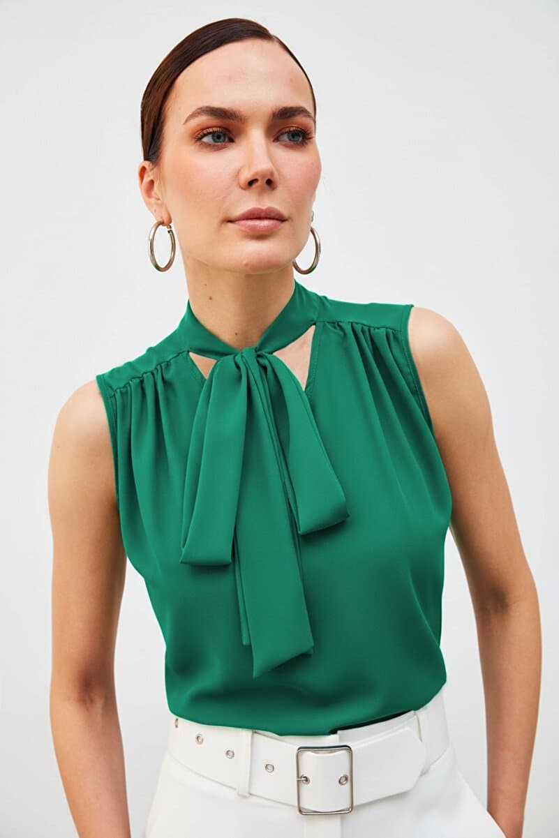 Sateen Fularlı Kolsuz Bluz - Yeşil