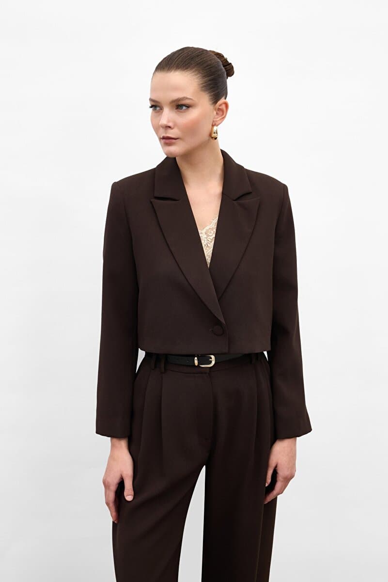 Sateen Luna Kısa Ceket - Kahve