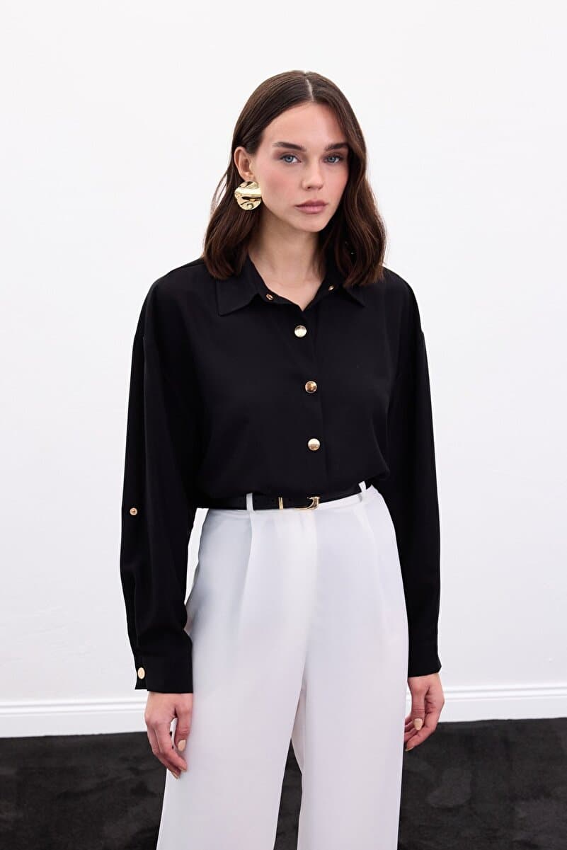 Sateen Çıtçıt Detaylı Gömlek - Siyah