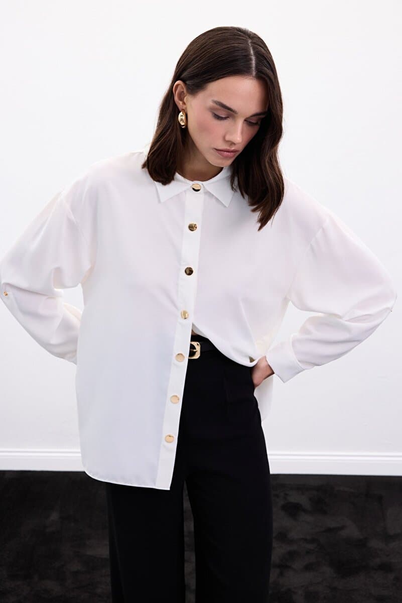 Sateen Çıtçıt Detaylı Gömlek - Ekru