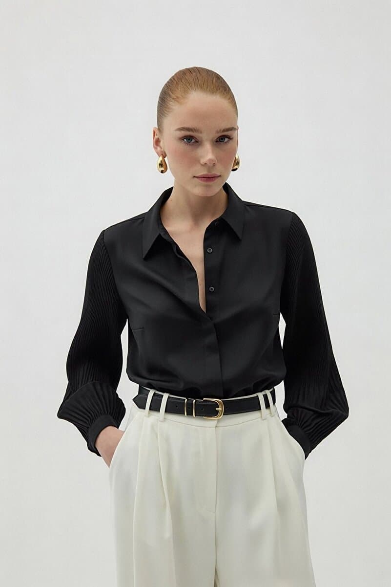 Sateen Pilise Kollu Gömlek - Siyah