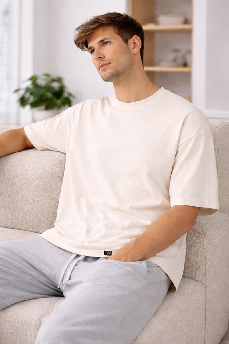 Lizbon Style Oversize Basic Tişört Unisex %100 Pamuk Salaş Kalıp Günlük T-Shirt Ekru