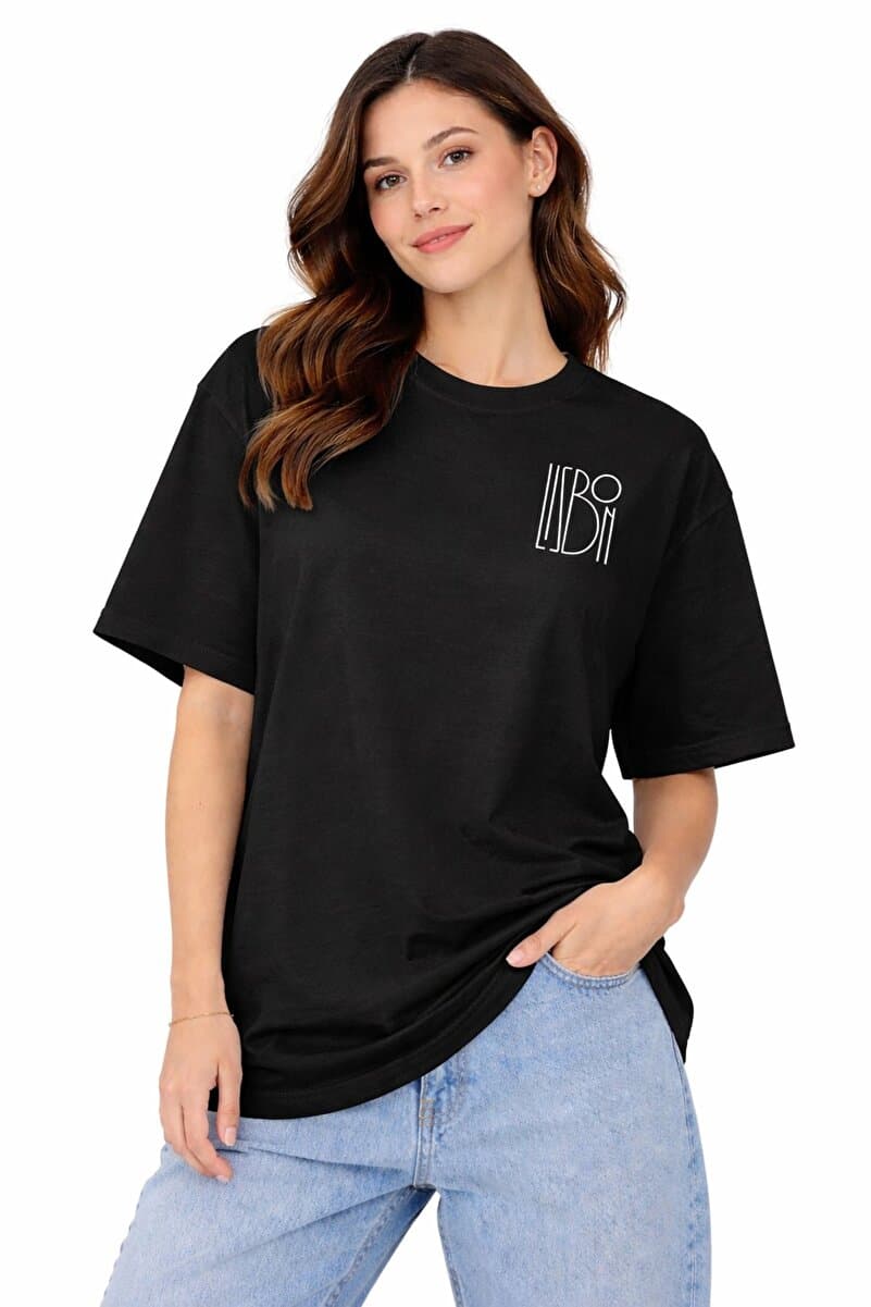 Lizbon Style Kadın Oversize %100 Pamuk Tişört Rahat Kalıp Baskılı Siyah T-Shirt