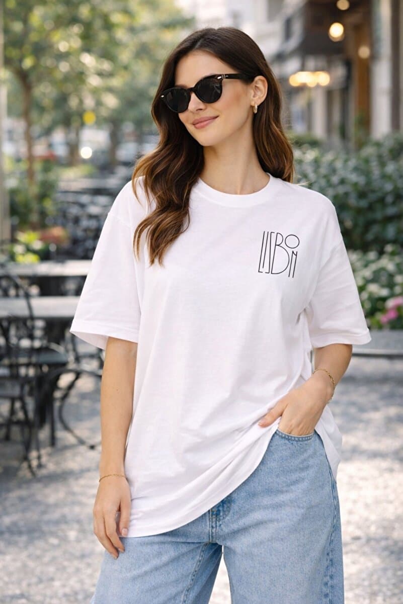 Lizbon Style Kadın Oversize %100 Pamuk Tişört Rahat Kalıp Baskılı Beyaz T-Shirt