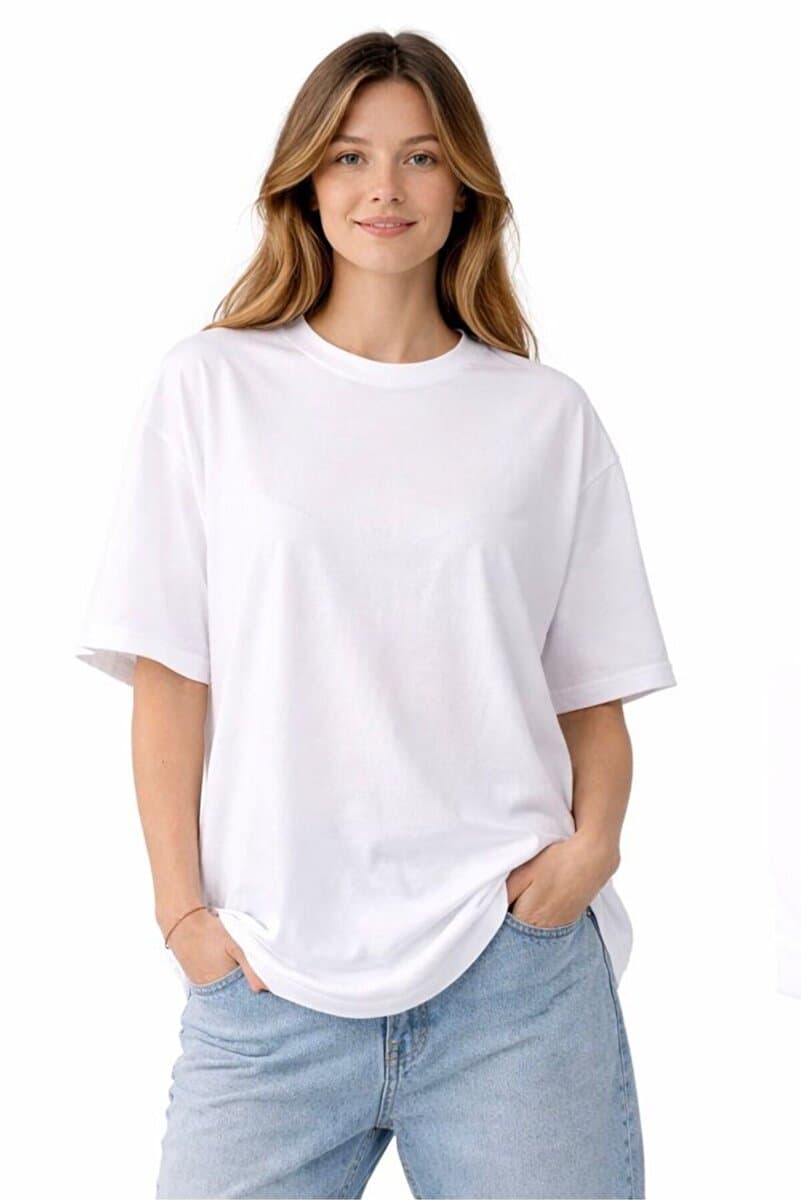 Lizbon Style Kadın Oversize %100 Pamuk Basic Rahat Kalıp Beyaz T-Shirt