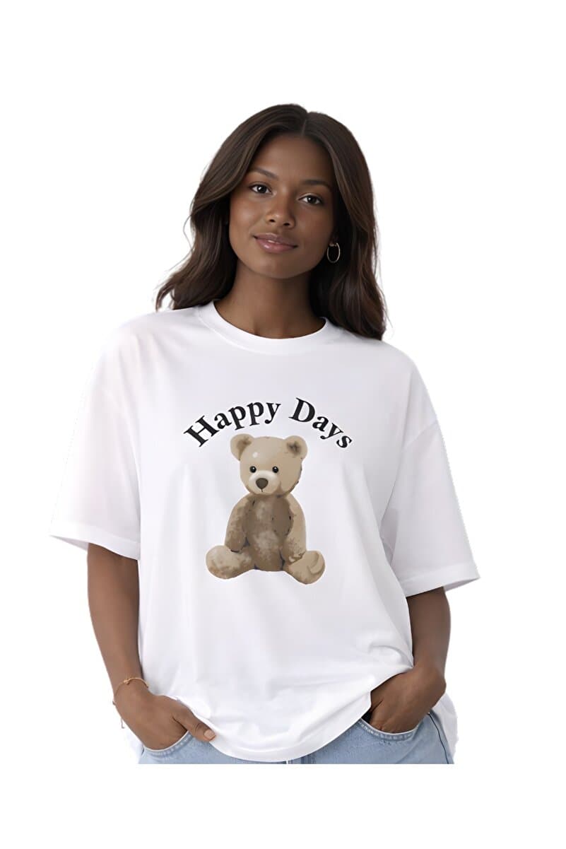 Lizbon Style Kadın Oversize %100 Pamuk Basic Tişört Rahat Kalıp Ayıcık Baskılı Beyaz T-Shirt