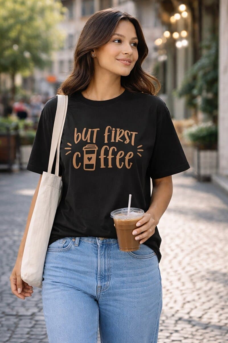 Lizbon Style Kadın Oversize %100 Pamuk Basic Tişört Rahat Kalıp Baskılı Siyah T-Shirt