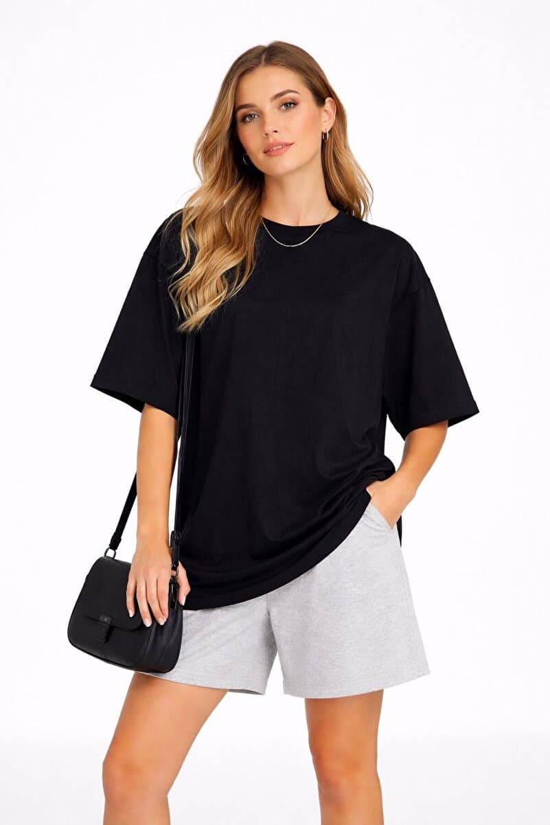 Lizbon Style Kadın Regular Oversize Tişört %100 Pamuk Basic Rahat Kalıp Siyah T-Shirt