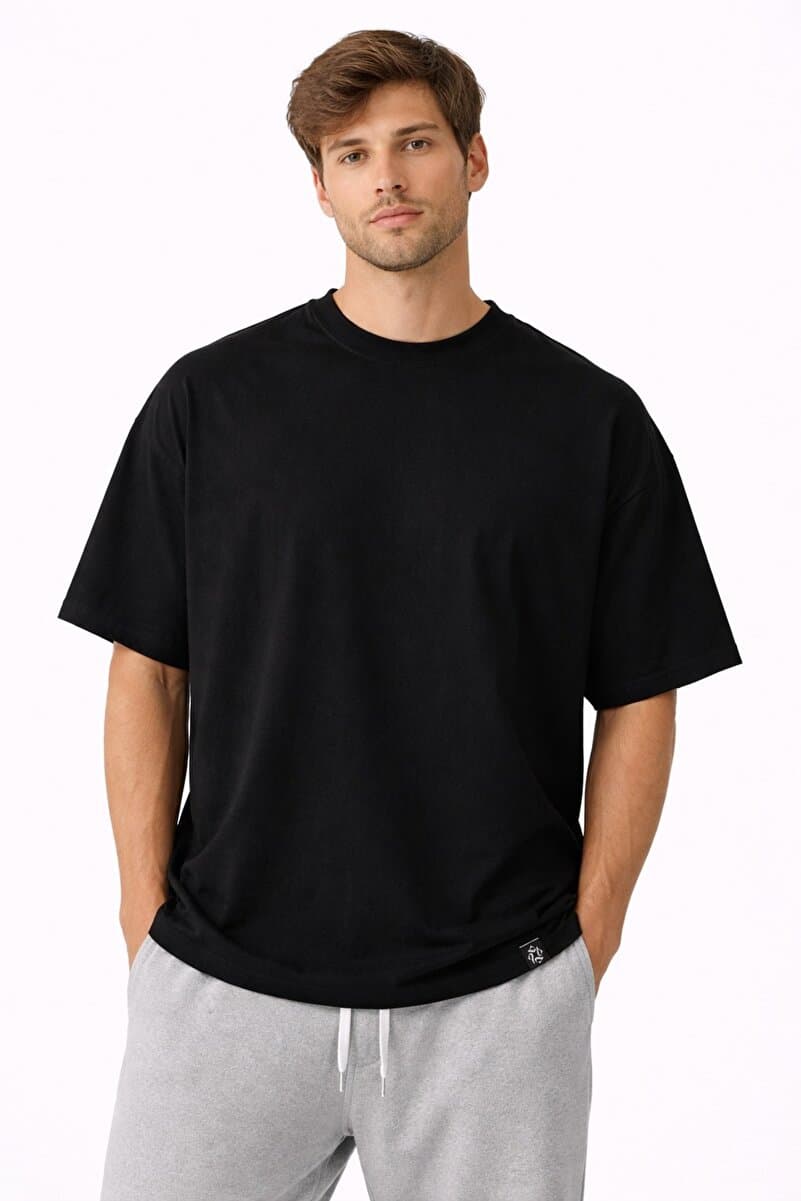 Lizbon Style Oversize Basic Tişört Unisex %100 Pamuk Salaş Kalıp Günlük T-Shirt Siyah
