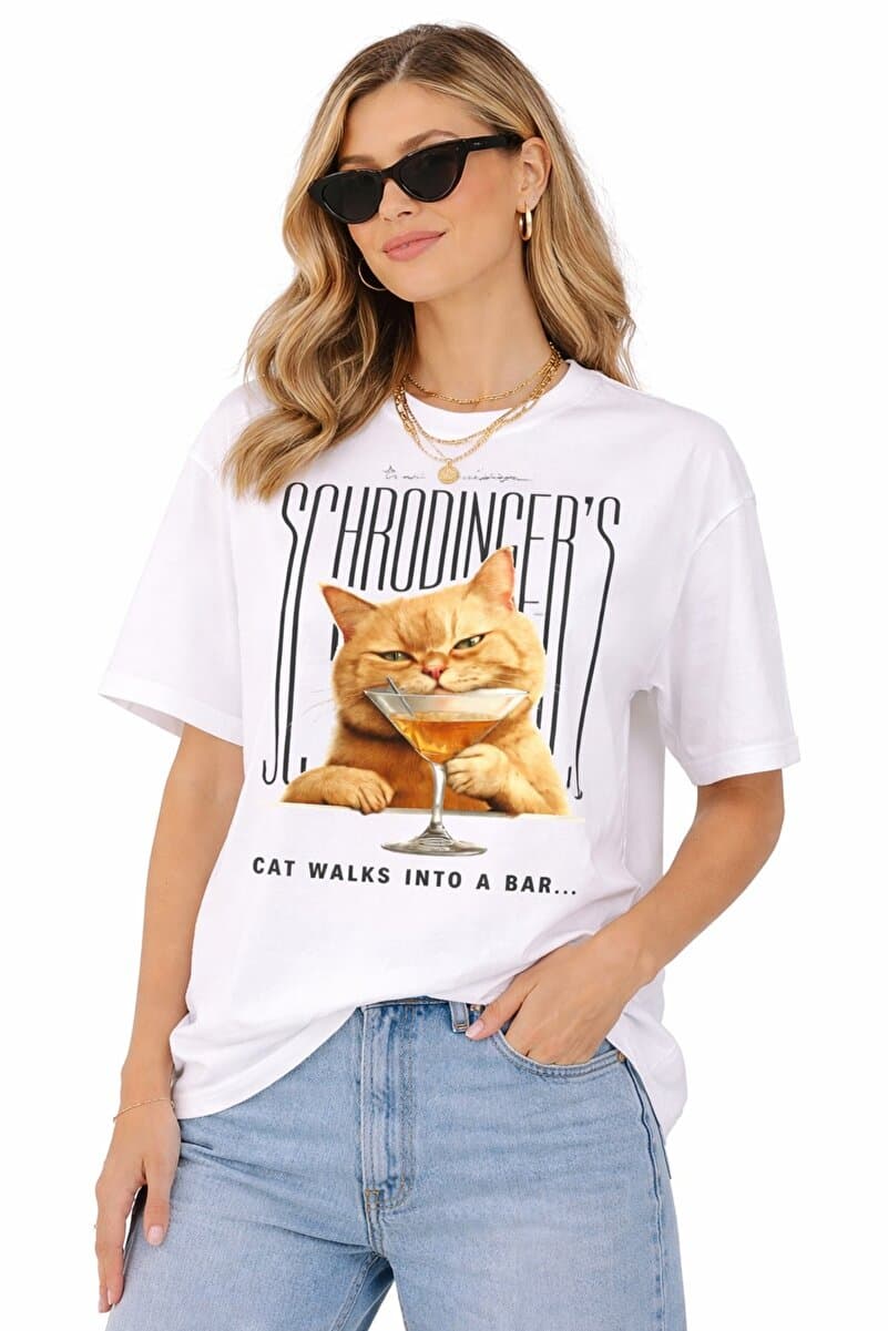 Lizbon Style Kadın Oversize %100 Pamuk Tişört Basic Rahat Kalıp Kedi Baskılı Beyaz T-Shirt