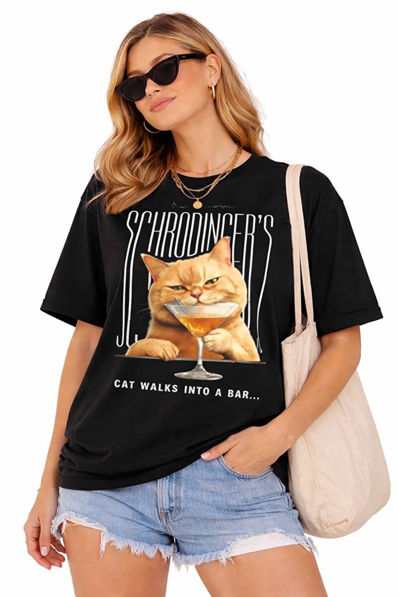 Lizbon Style Kadın Oversize %100 Pamuk Tişört Basic Rahat Kalıp Kedi Baskılı Beyaz T-Shirt