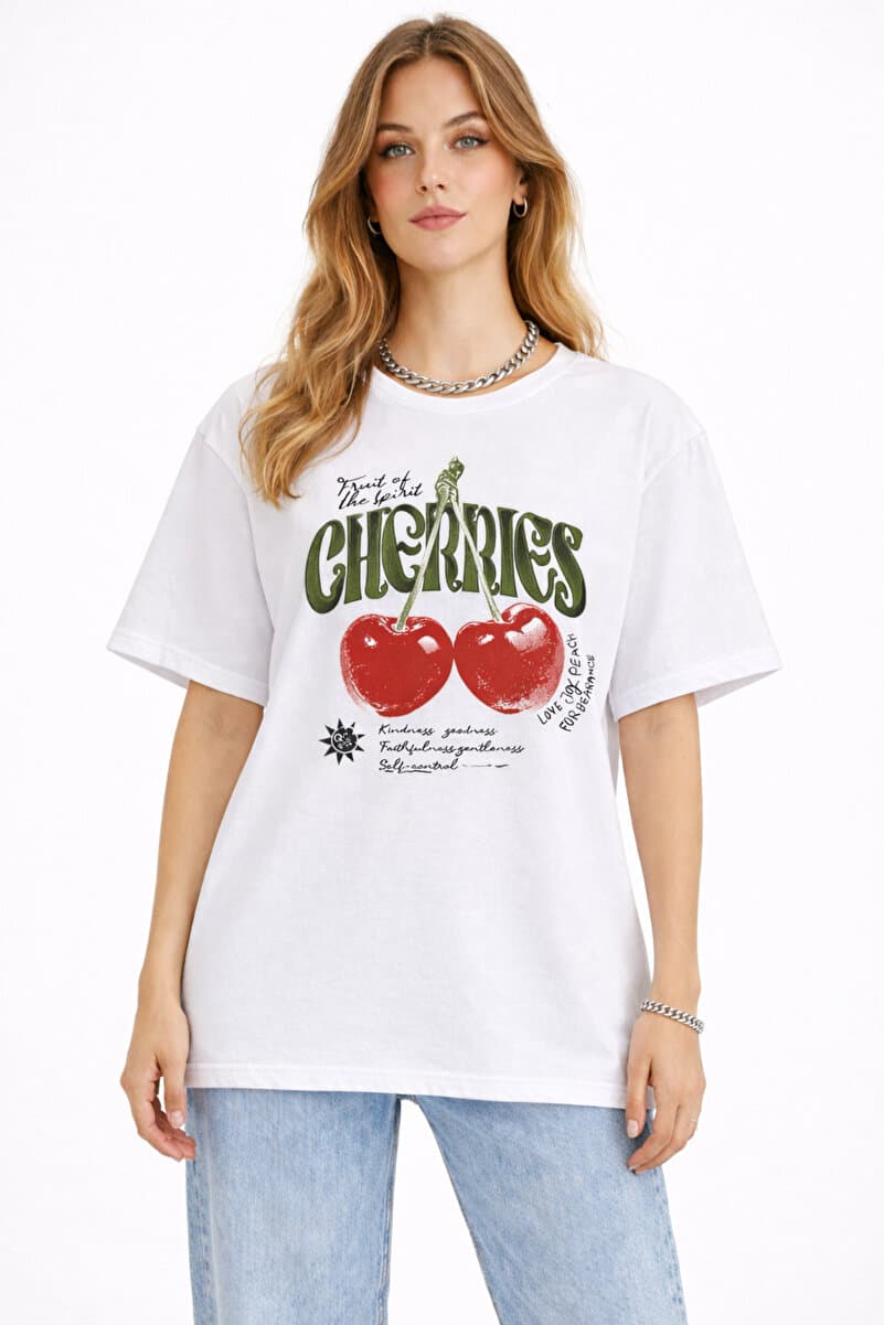 Lizbon Style Kadın Oversize %100 Pamuk Basic Tişört Rahat Kalıp Baskılı Beyaz T-Shirt
