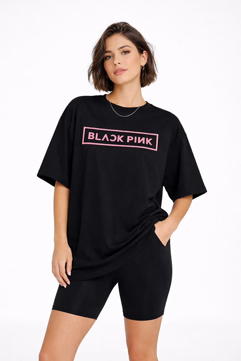 Lizbon Style Kadın Oversize Tişört %100 Pamuk Rahat Kalıp Baskılı T-Shirt Siyah
