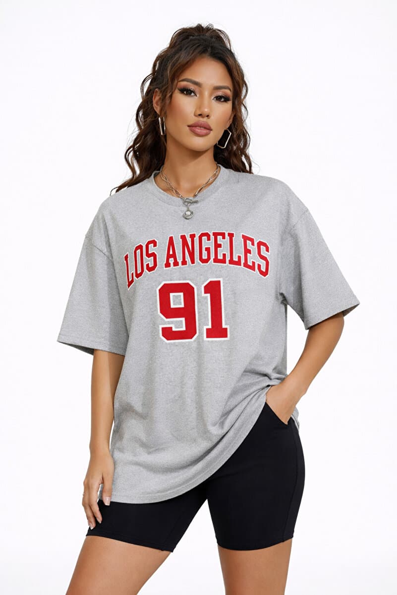 Lizbon Style Kadın Gri Oversize Tişört Los Angeles 91 Baskılı %100 Pamuk Rahat Kalıp T-Shirt