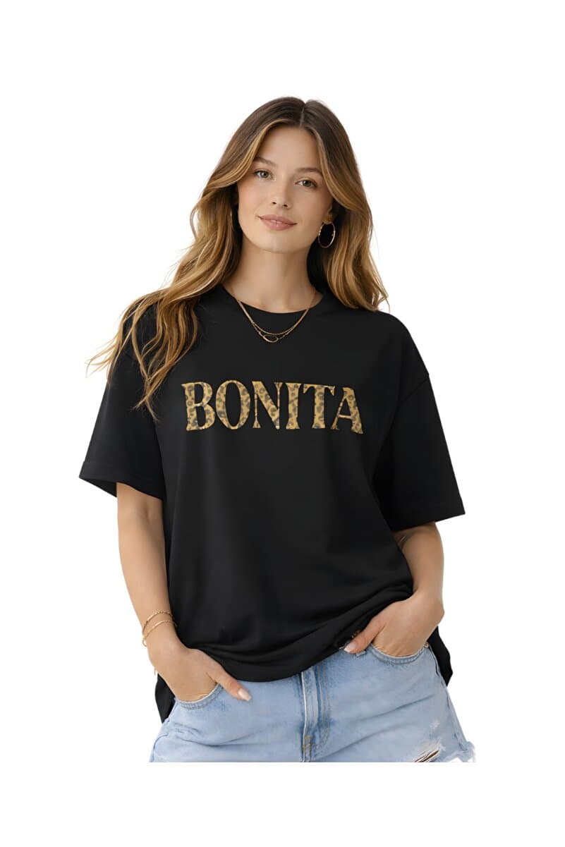 Lizbon Style Kadın Oversize %100 Pamuk Basic Tişört Rahat Kalıp Bonita Baskılı T-Shirt