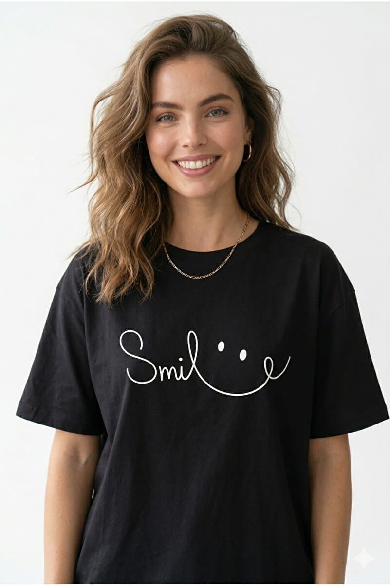 Lizbon Style Kadın Oversize %100 Pamuk Tişört Rahat Kalıp Smile Baskılı T-Shirt - Siyah