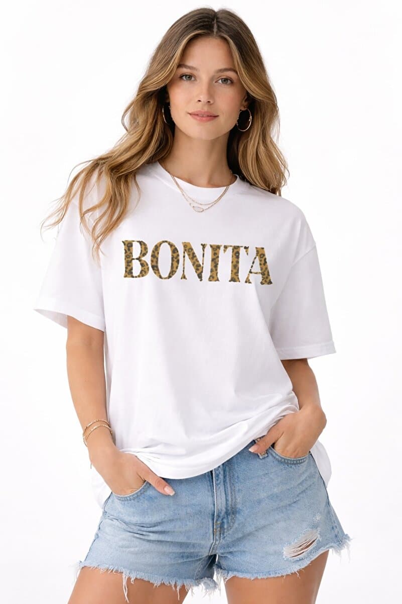 Lizbon Style Kadın Oversize %100 Pamuk Basic Tişört Rahat Kalıp Bonita Baskılı T-Shirt