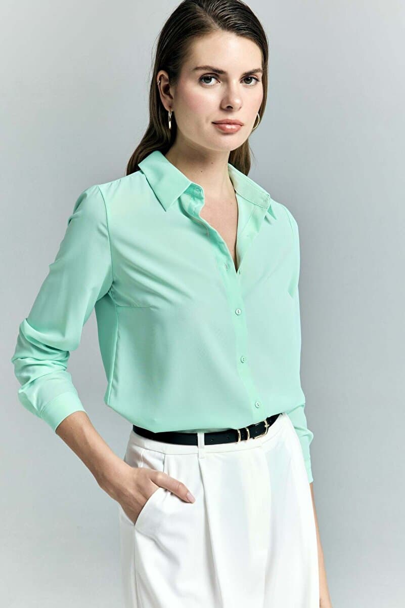 Sateen Düz Klasik Gömlek - Mint