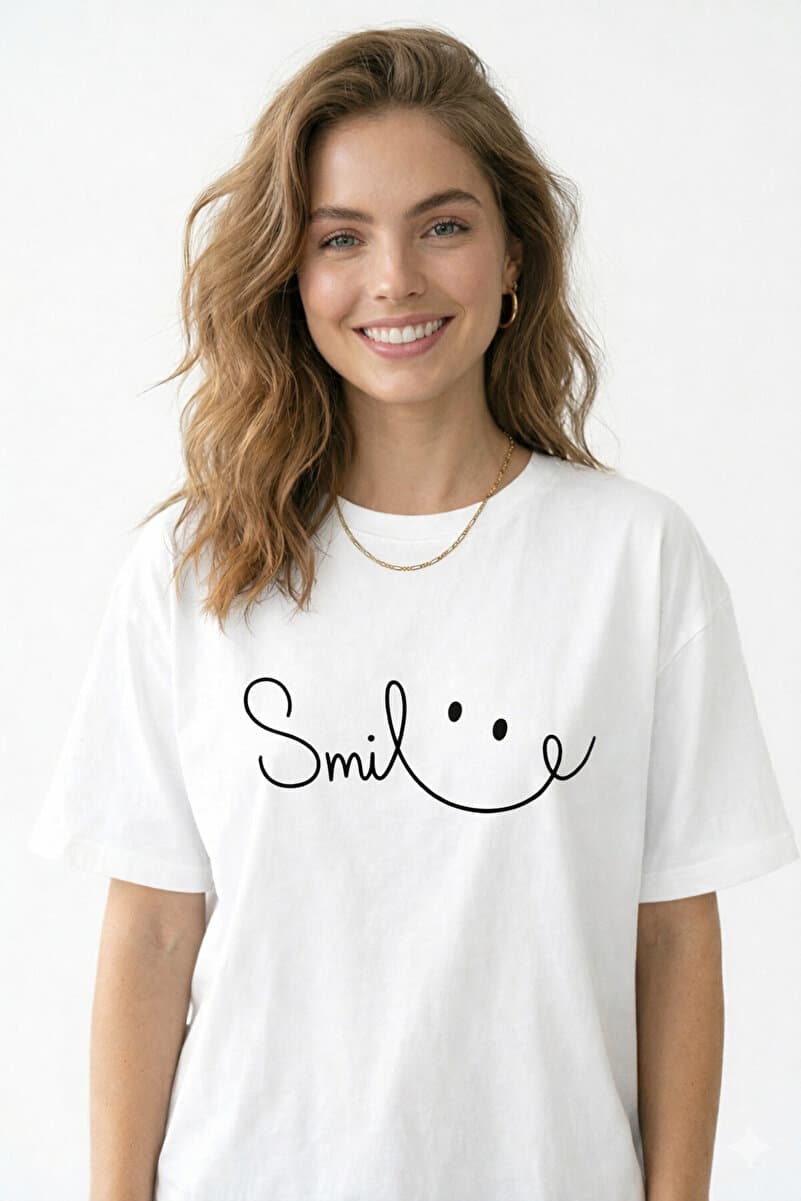 Lizbon Style Kadın Oversize %100 Pamuk Tişört Rahat Kalıp Smile Baskılı T-Shirt - Beyaz