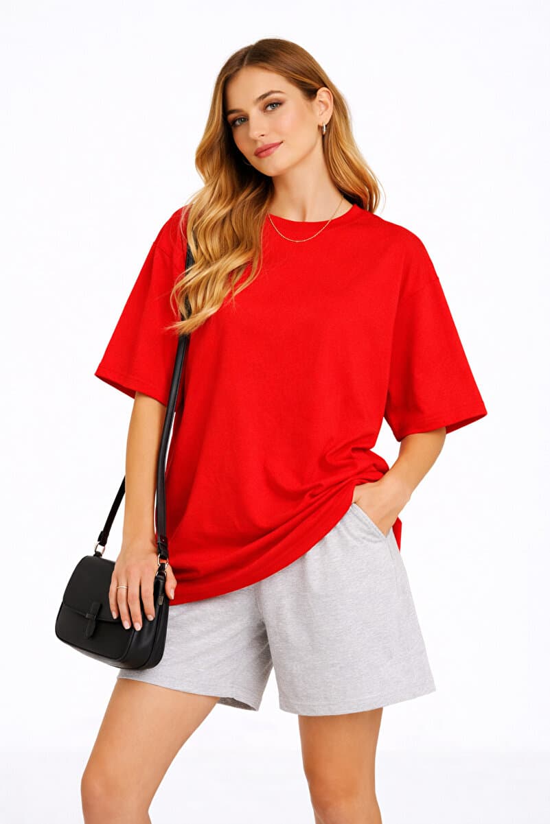 Lizbon Style Kadın Regular Oversize %100 Pamuk Basic Rahat Kalıp T-Shirt - Kırmızı