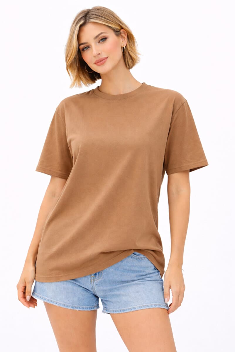 Lizbon Style Kadın Regular Oversize %100 Pamuk Basic Rahat Kalıp T-Shirt - Kahverengi