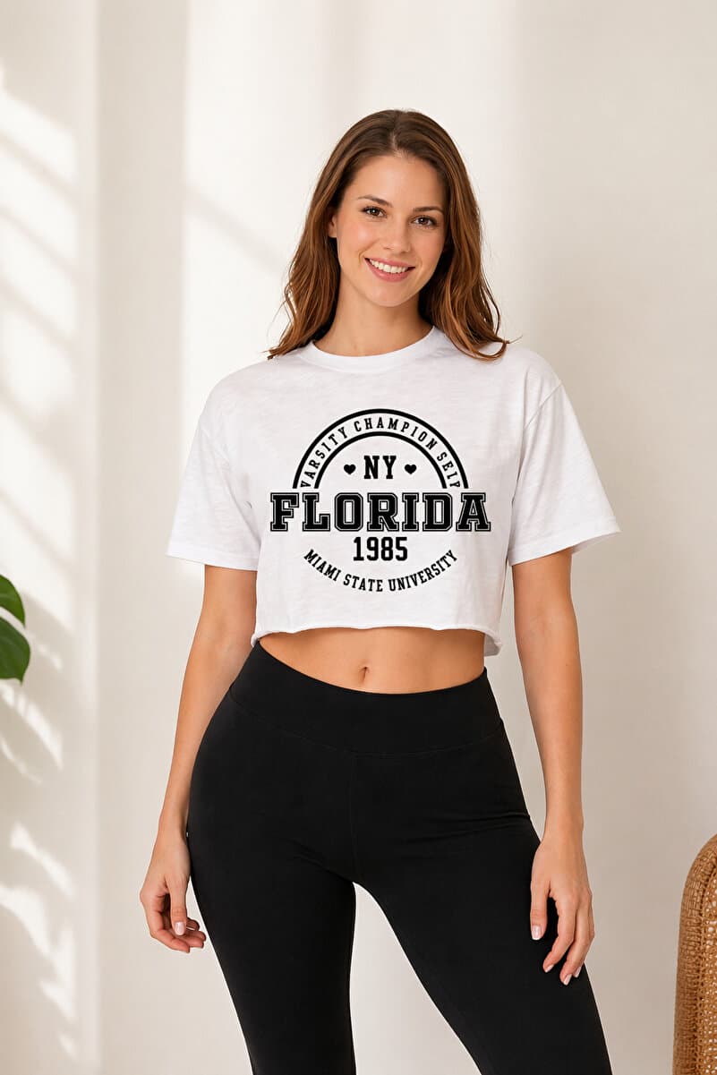 Lizbon Style Kadın Beyaz Florida Baskılı Crop Tişört Varsity College Salaş Kesim