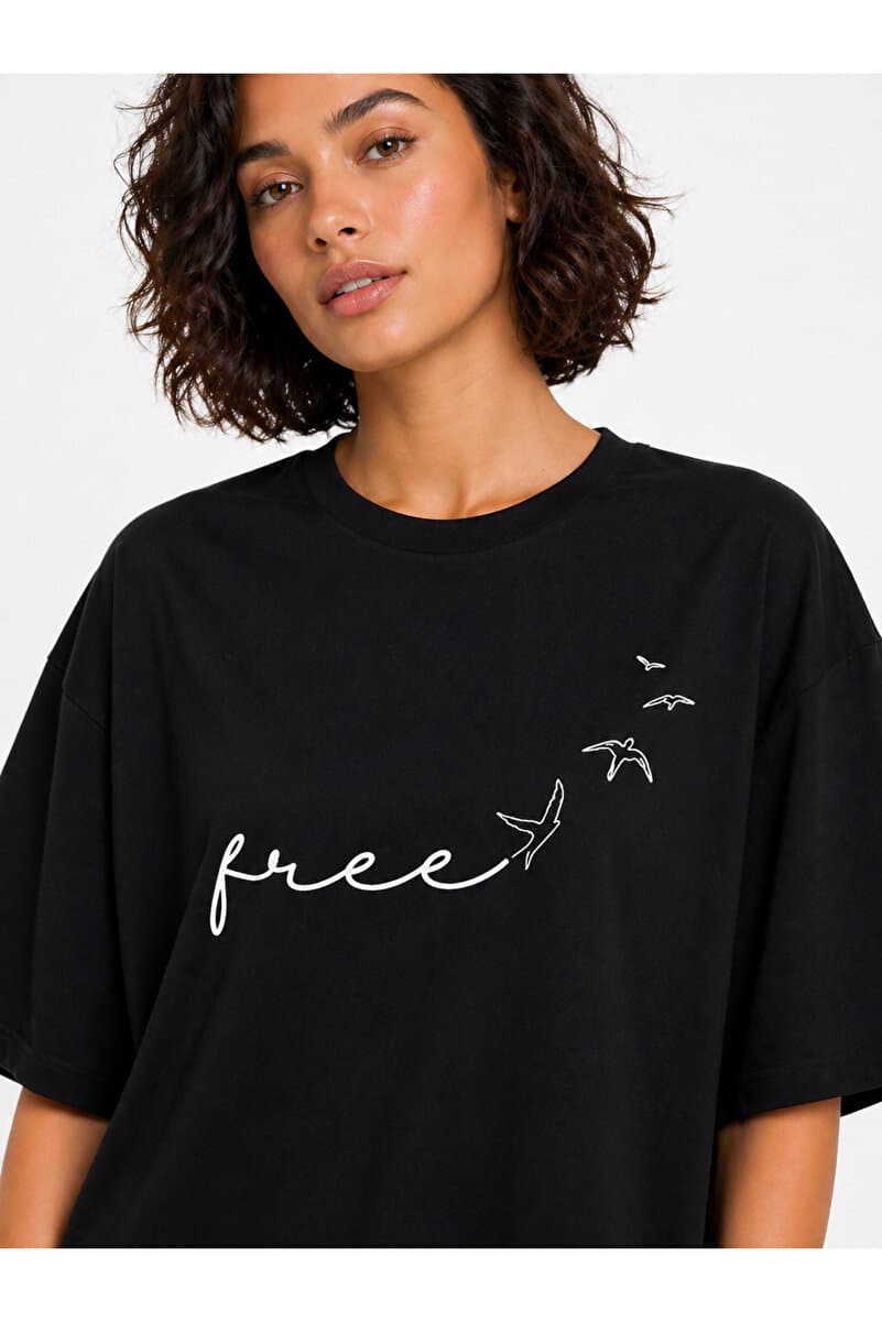 Lizbon Style Kadın Free Oversize Baskılı Tişört %100 Pamuk Rahat Kesim Basic Tshirt - Siyah