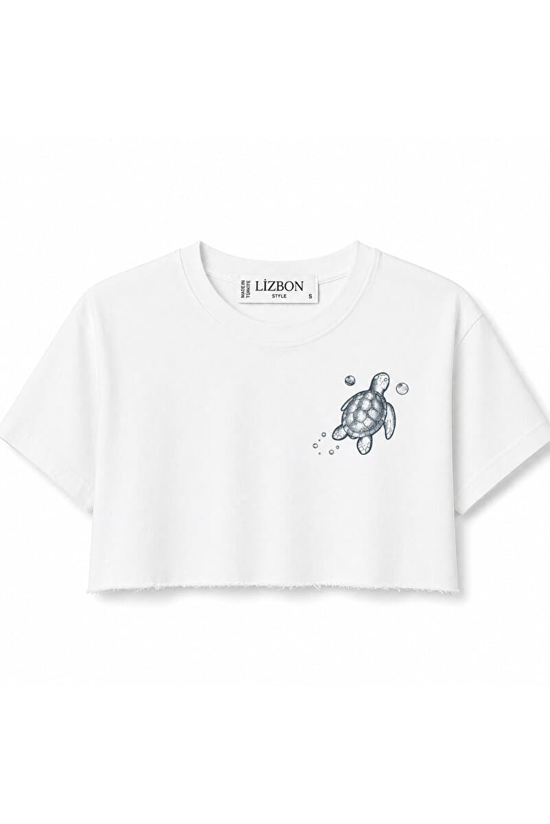 Lizbon Style Kadın Turtle Kaplumbağa Baskılı Crop Tişört Raw Cut %100 Pamuk - Beyaz