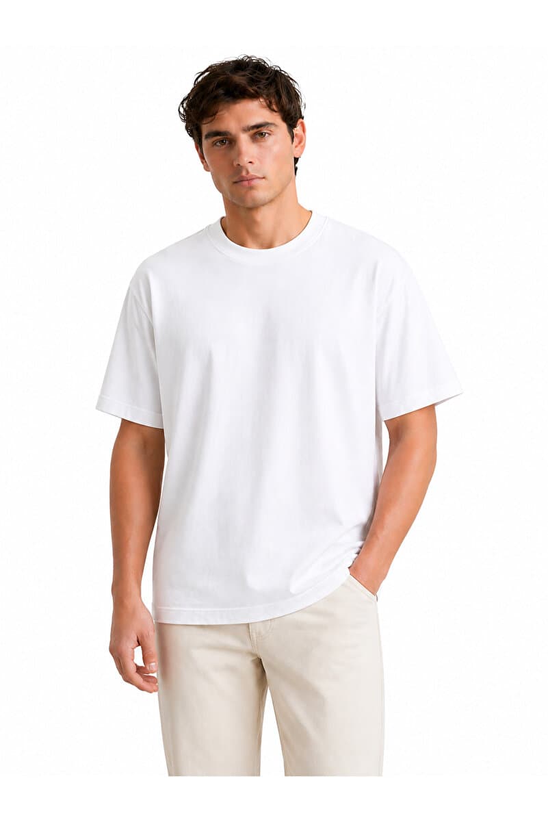 Lizbon Style Erkek %100 Pamuklu Tişört Comfort Fit Bisiklet Yaka T-shirt - Beyaz