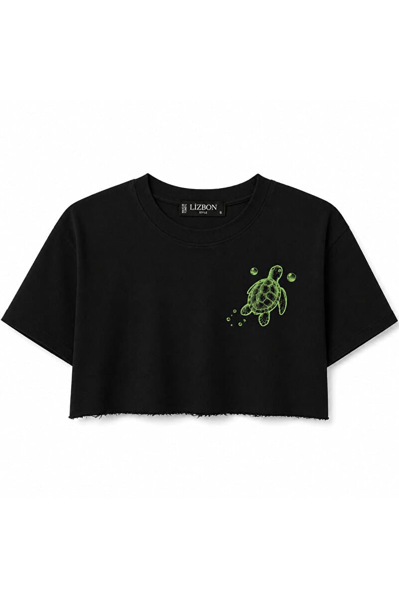 Lizbon Style Kadın Turtle Kaplumbağa Baskılı Crop Tişört Raw Cut %100 Pamuk - Siyah