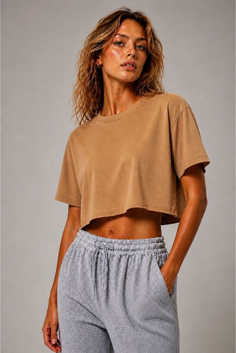 Lizbon Style Kadın Crop Tişört Oversize Salaş Basic Kısa Kollu Spor Günlük Yazlık Tshirt
