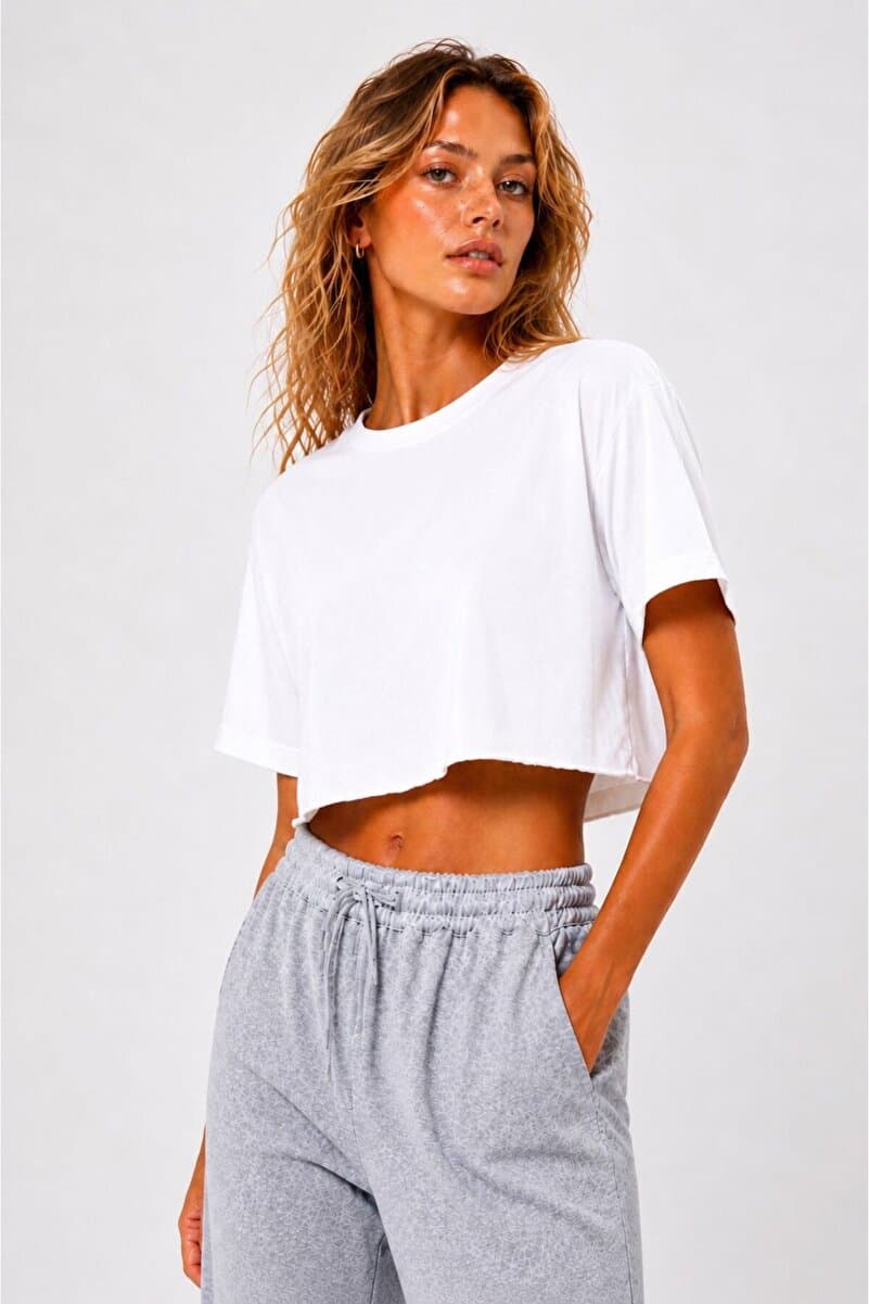 Lizbon Style Kadın Crop Tişört Oversize Salaş Basic Kısa Kollu Spor Günlük Yazlık Tshirt
