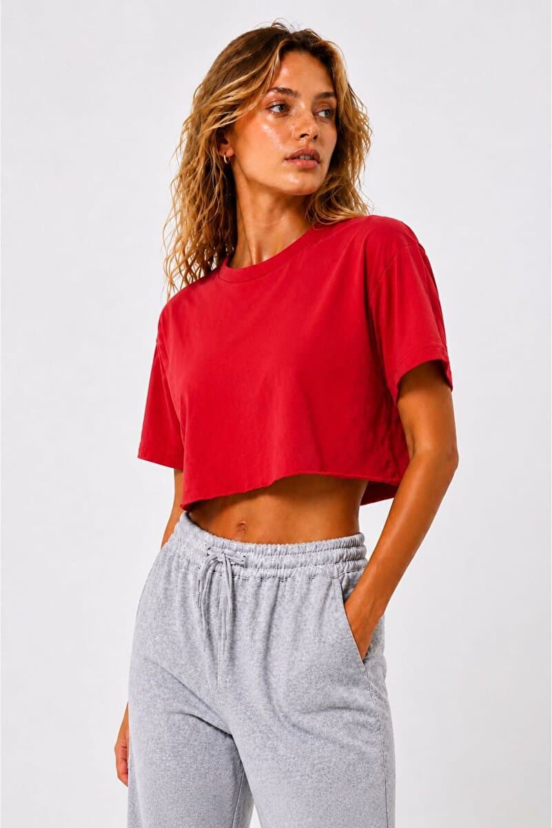 Lizbon Style Kadın Crop Tişört Oversize Salaş Basic Kısa Kollu Spor Günlük Yazlık Tshirt