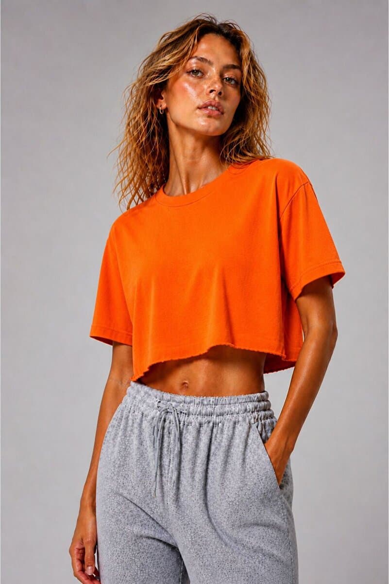 Lizbon Style Kadın Turuncu Crop Tişört Oversize Salaş Basic Kısa Kollu Spor Günlük Yazlık Tshirt