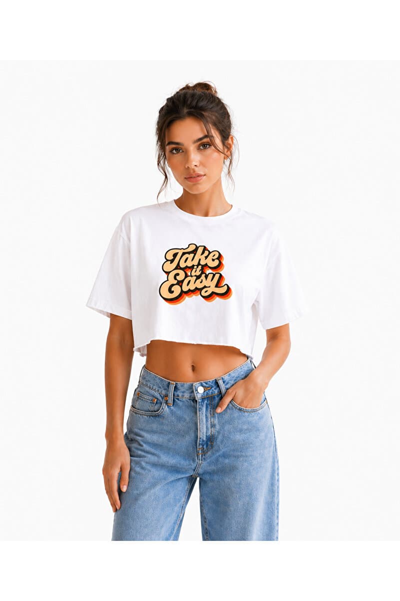 Lizbon Style Kadın Beyaz Take It Easy Baskılı Raw Cut Crop Tişört %100 Pamuk Rahat Kalıp T-shirt