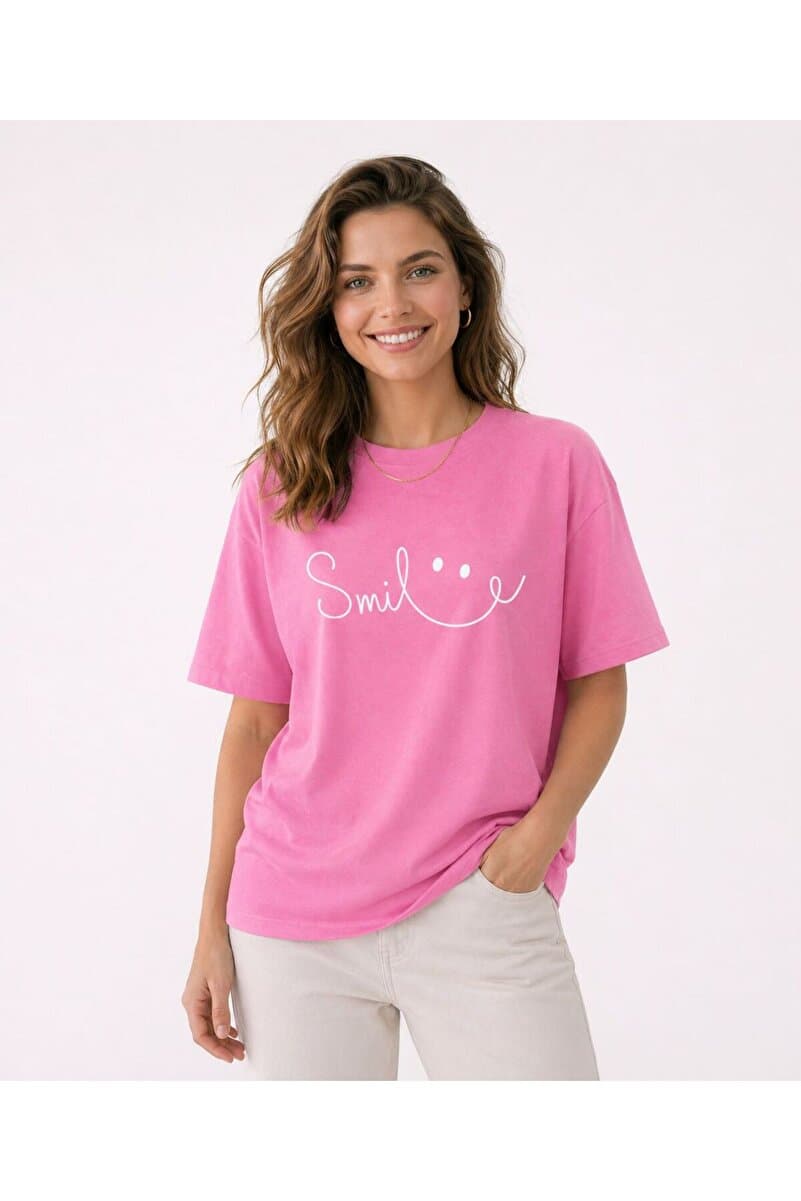 Lizbon Style Kadın Oversize %100 Pamuk Tişört Rahat Kalıp Smile Baskılı T-Shirt - Pembe